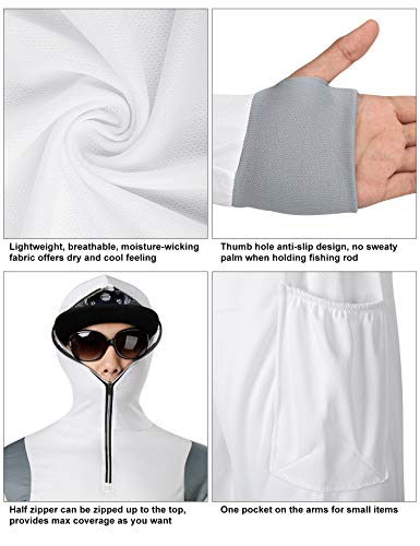 FitsT4 Men's Sun Protection UPF 40+ UV Outdoor Long Sleeve Quick Drying Mesh Fishing Shirts with Hood/Thumb Hole White S
