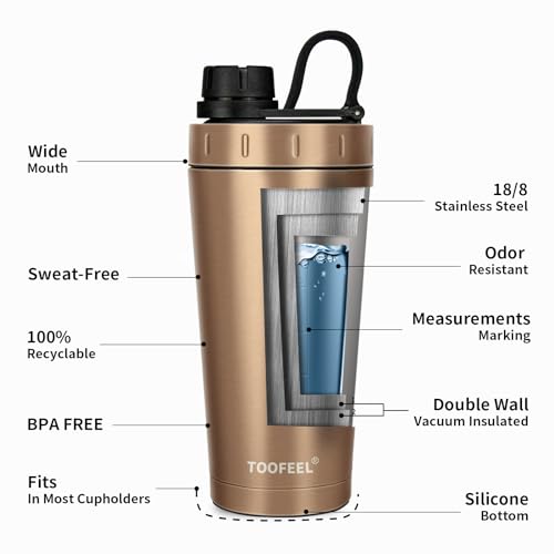Image of TOOFEEL Insulated Protein Shaker Bottle - 20 oz Stainless Steel Shaker Cups for Protein Shakes, Stays Cold /Hot, Double Walled Vacuum Metal Protein Shaker, BPA Free Leakproof Gym Shaker Bottle