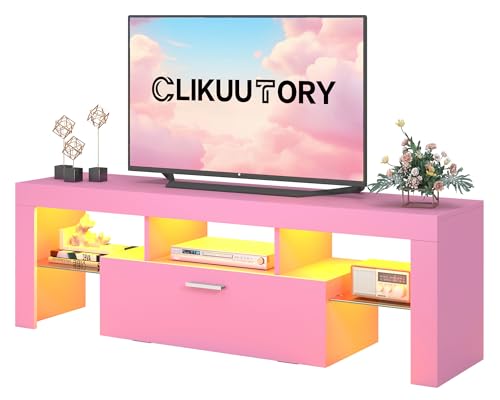 Clikuutory Modern Lighting 51 inch TV Stand with Large Storage Drawer for 32 40 50 55 Inch TVs TV Console with 20 Color LED Lights Entertainment Center Media and Open Shelf for Bedroom Pink