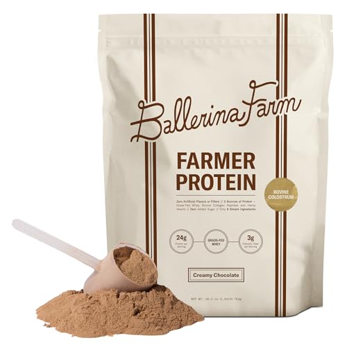 Ballerina Farm Grass Fed Whey Protein Powder Creamy Chocolate 24g Protein with Collagen Peptides Bovine Colostrum Hemp Hearts Prebiotic Fiber No Added Sugar or Artificial Ingredients 20 Servings
