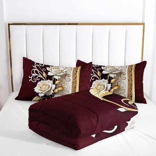 Image of AILONEN White Rose Comforter Set Queen Size for Girls Women, Bohemian Floral Bedding Set 3Pcs,Beautiful Flower Soft Duvet with 2 Pillowcases