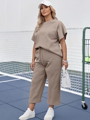 UOUA Womens Plus Size Sweatsuit 2 Piece Outfits Summer Short Sleeve Tops Wide Leg Pants Tracksuit Lounge Sets4