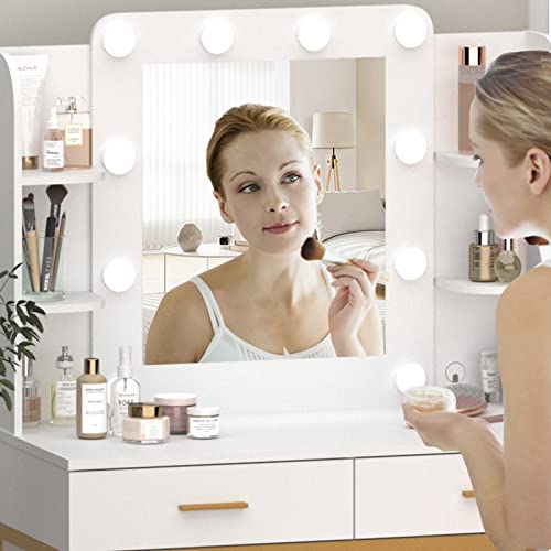 Vabches Makeup Vanity With Lighted Mirror,Vanity Mirror Lights And Table Set,Vanity Set 10 Led,Vanity Desk 3 Lighting Modes 2 Drawers&Cushioned Stool For Bedroom. #TOP3