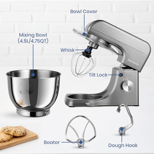 Parmedu Electric Kitchen Stand Mixer: 1000W 8-Speed Compact Tilt-Head Household Food Mixer - 4.5L 304 Stainless Steel Bowl with Cover & Egg Whisk & Dishwasher Safe Dough Hook & Flat Beater - Image 4