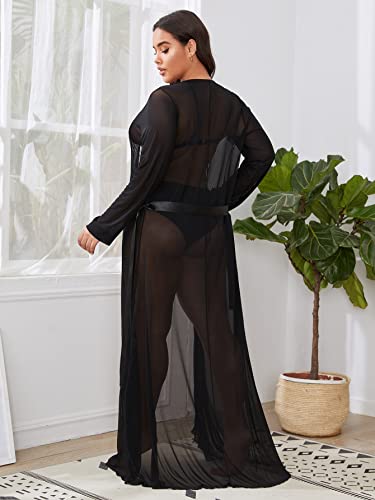 Soly Hux Women's Plus Size Long Sleeve Sheer Mesh Kimono Belted Robe Black 2Xl #TOP1