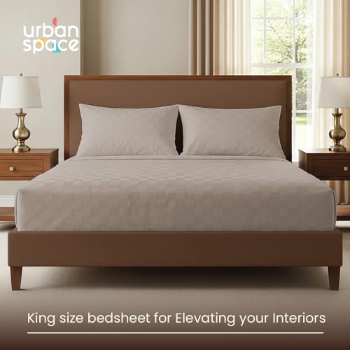 Image of Urban Space 100% Cotton 300TC Jacquard Fitted bedsheets for King Size Bed, Pure Cotton Bedsheet King Bed, Checks Fitted bedsheet King Size with 2 Pillow Covers (72 x 78 Inches, Soft Brown Cubes)