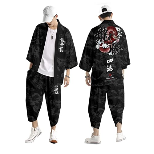 Japanese Style Kimono Tops Pants Sets Two-Piece Cardigan Suit Harajuku Yukata Kimono Shorts Sets Plus Size3