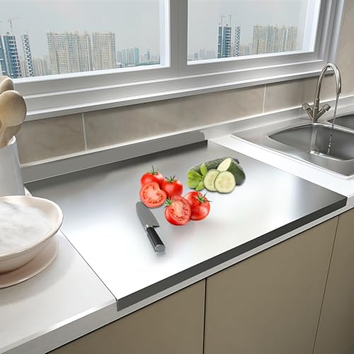 Tabla de cortar grande de acero inoxidable, 50 x 50 x 0,15 cm, tablas de cortar de doble cara con borde de tope, tabla de corte antideslizante, encimera de cocina, para carne, frutas, verduras, pan y