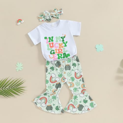 YINGISFITM Toddler Baby Girl St Patricks Day Outfit Clover T Shirt Irish Shamrock Bell Bottoms Lucky Spring Clothes3