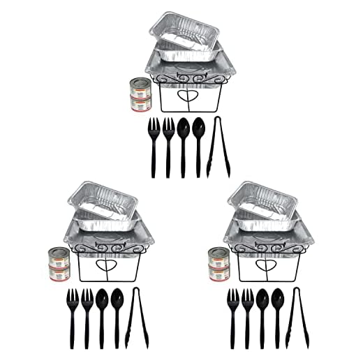 Party Essentials 33-Piece Elegance Party Buffet Serving Kit/Food Warmer, Includes Black Chafing Racks, Aluminum Pans, Water Pans, Ethanol Fuel Cans, and Serving Utensils