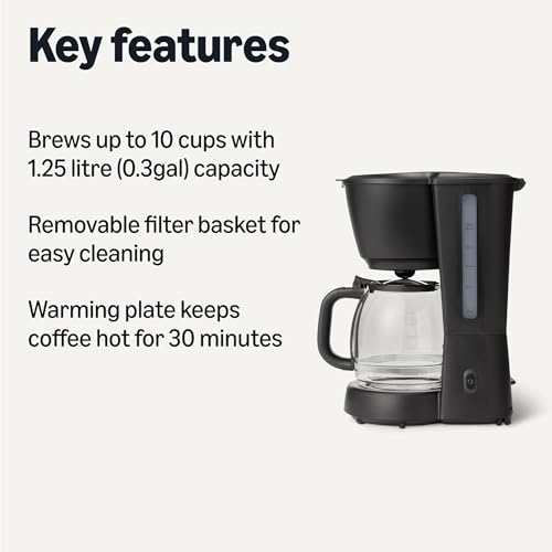 Amazon Basics Filter Coffee Machine with LED Indicator, 10-Cup Capacity Coffee Maker, 1.25L, 1000 W, Glass Carafe, Black