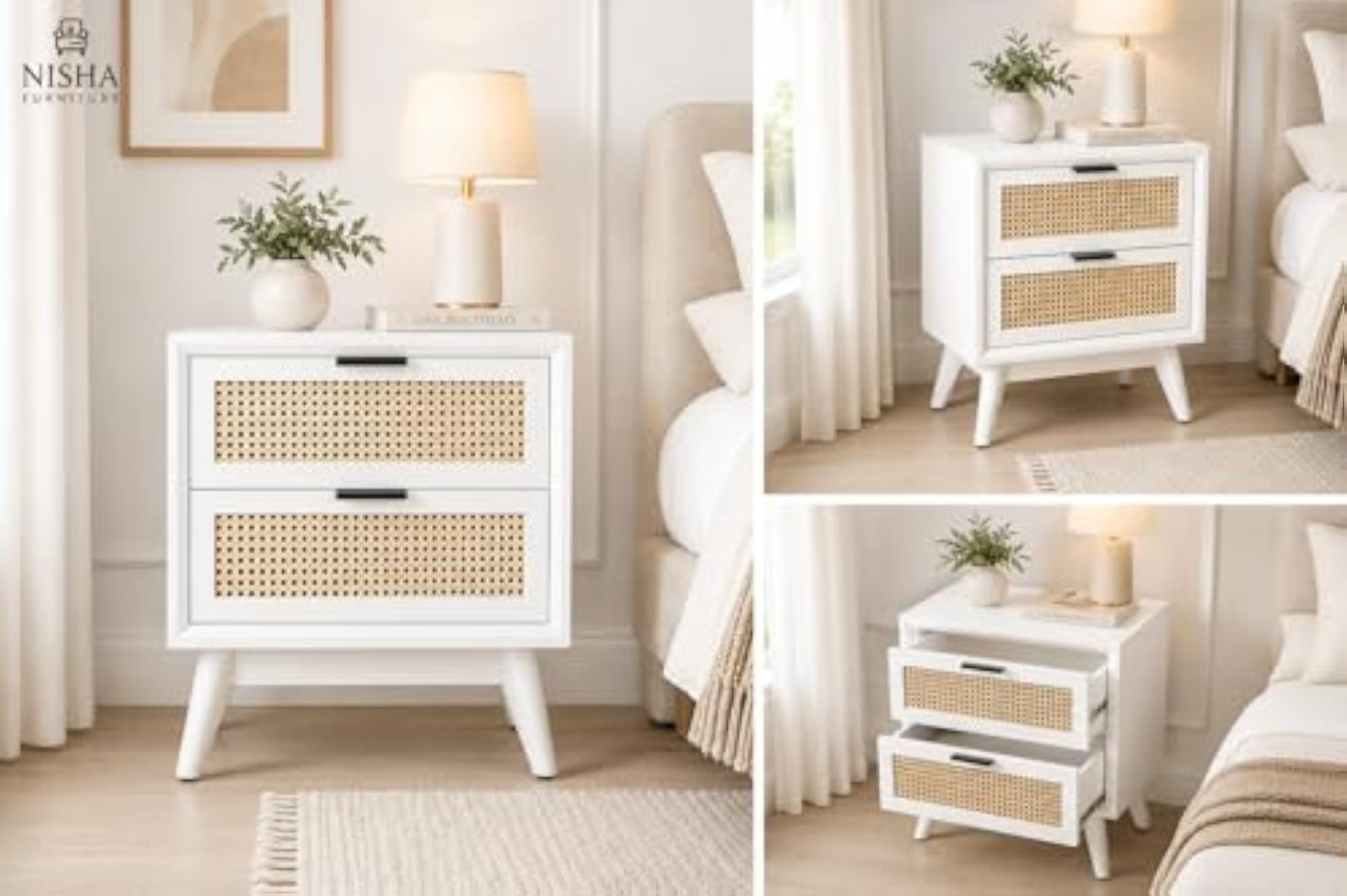 Wooden Bedside End Table with 2 Drawers, Natural Finish
