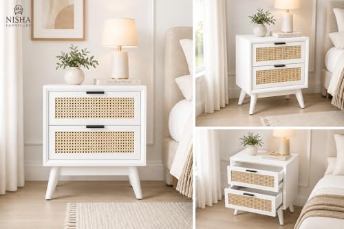 Image of Bedside Table for Bedroom and Hotels | Wooden Bed Side Nightstand Lamp Table with 2 Drawers Storage | Premium Solid Wood Side End Table for Living Room | Rattan Cane- White Finish