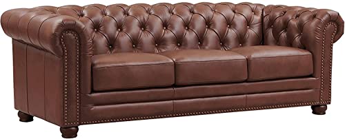 Image of Dime Store Wooden Chesterfield Sofa 3 Seater with Button Tufted Design Solid Wood Frame Upholstered Couch with Rolled Arms | Luxury Living Room Sofa for Home, Office, Lounge & Reception (Brown)
