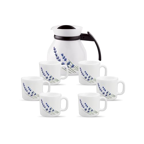 Image of La Opala Novo Collection Opal Glass Crockery | Coffee Set 7 pcs | Coffee Mug with Coffee Pot, English Lavender | for Tea & Coffee | Microwave Safe | 100% Vegetarian | Extra Strong | Light & White