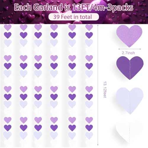 Image of Purple Party Decorations Heart Garland, 39Ft Purple Lavender White Streamers Birthday Banner Anniversary Engagement Wedding Baby Bridal Shower Bachelorette Lilac Theme Party Decor Supplies