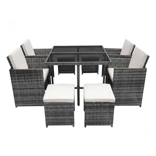 Panana 8 Seater Rattan Garden Dining Set with Table, 4 Chairs & 4 Stools, Cube Space Saving Outdoor...