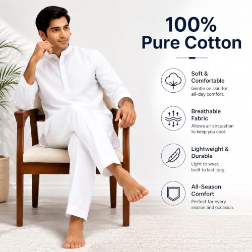Image of Men's Pure Cotton Pant Style Pyjama | Pyjama /Pajama Style Pants for Kurtas, Festival | White, Cream, Black | Elasticated Waist and Dual Side Pockets