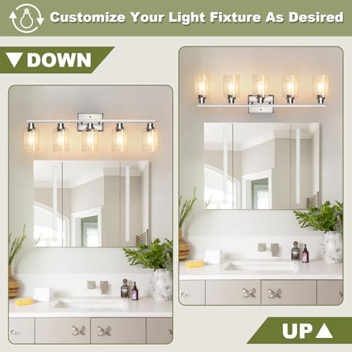 Image of Unicozin Modern Bathroom Light Fixtures, 5 Light Vanity Lights Over Mirror, Brushed Nickel Wall Lamp with Clear Glass for Living Room Cabinet Bedroom Porch