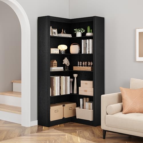 GarveeHome Corner Bookshelf, 71.8'' Black Corner Bookcase, L-Shaped Bookshelf Farmhouse Bookcase, 5 Tier Display Shelf Heavy Duty Bookcases, Bookshelves with Storage (Black)