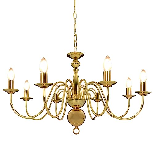 Lustre doré 8 ampoules E14 en métal suspension pour salon de 80x45 cm