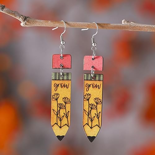 Cute Pencil Book Earrings Wooden Teacher Earrings for Women Lightweight Double Side Print Drop Dangle Earrings for Teacher Student2