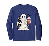 pumpkin spice latte ghost holding black cat halloween maglia a manica