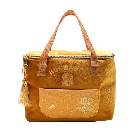 Warner Bros Harry Potter Alumni Lunch Bag – Hufflepuff House Design – Yellow Velvet Hogwarts Lunch Tote with Tassel Zips & Embroidered Crest – Official Merchandise for Potter Fans & Students