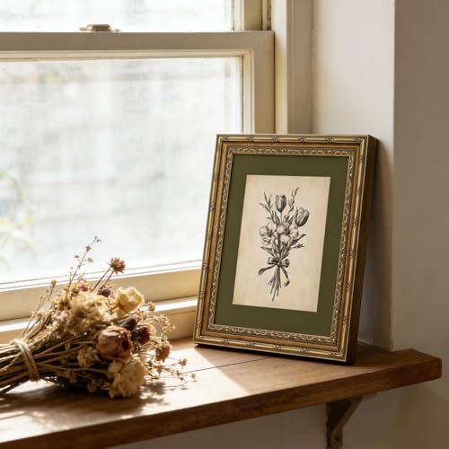 Gold Framed Wall Art Vintage Flower Sketch Wall Art Antique Sage Green Botanical Wall Decor Picture Dark Green Floral Drawing Poster Print for Bedroom Living Room 9x11in - 5