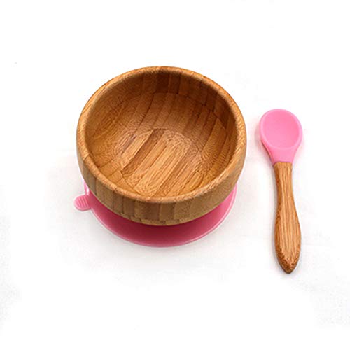 Bamboo Baby Bowl, Wooden Suction Bowl for Baby & Infant Feeding, Bamboo Silicone Suction Bowl Set with Silicone Spoon, Suction Bowl for Kids & Toddlers, New Baby Feeding Accessory - Pink