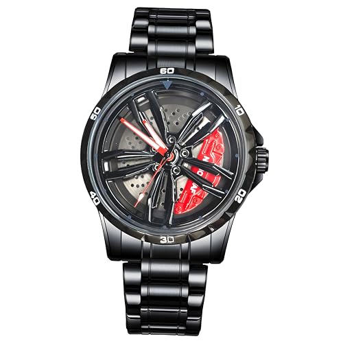 NANOLEAF Car Wheel Watch, Stainless Steel Mens Wristwatch with Spinning Car Rim Hub Design, Men Racing rotatable Car Stainless Steel Waterproof Watches