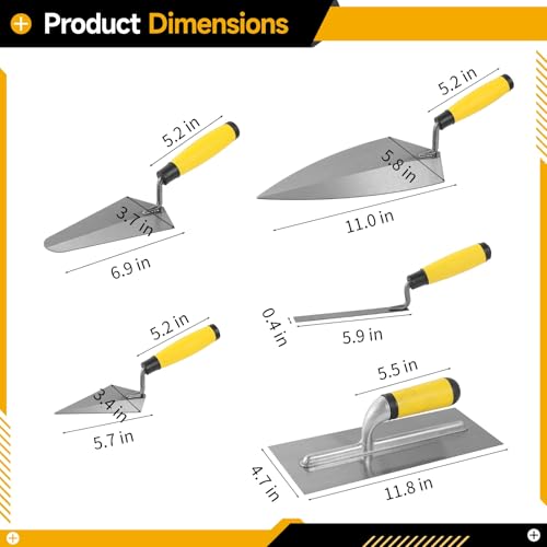 5 PCS Masonry Hand Tool Set, Concrete Trowel Kit with Brick Trowel, Pointing Trowel, Edging Trowel, Soft Grip Handle Concrete Towel Tools
