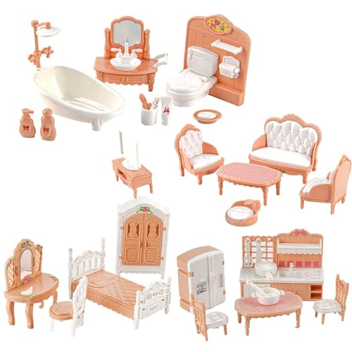 JOAASU Ensemble de Meubles de Maison de Poupée, Accessoires Maison de Poupee, Miniature Maison de poupées Accessoires y Compris la Cuisine, Salle à Manger, Salon, Chambre, Salle de Bains (Jaune)