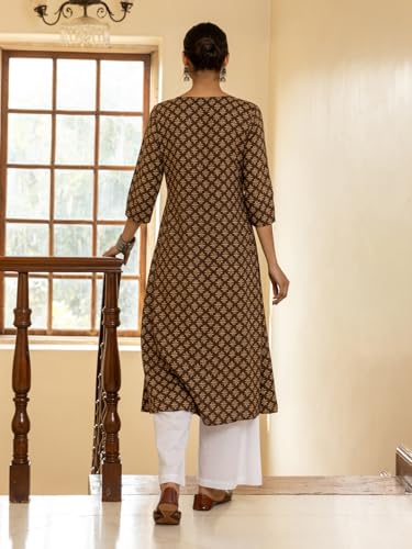 Image of FIORRA Women's Brown Floral Printed Cotton Flared Kurta