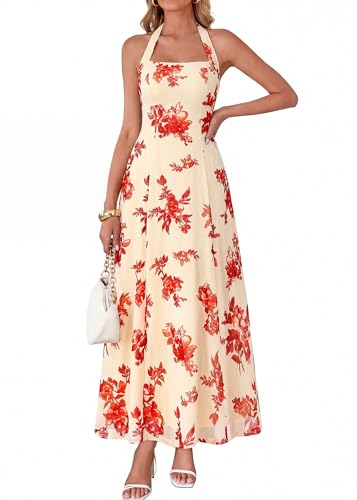 Image of KIRUNDO Women's Summer Long Halter Maxi Dress | Outer Tulle, Halter Top Tie Back, Sleeveless Floral Cocktail Beach Wedding Guest Dress, Mesh Flowy A Line Long Sundress