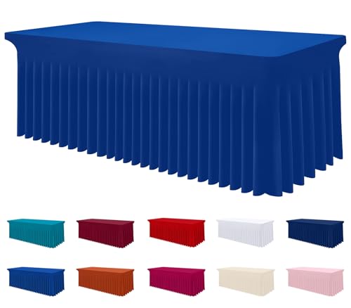 Image of Smiry Spandex Elastic Fitted Table Cloth Skirt for 8FT Rectangle Table | Stretch Washable Table Cloth, Banquet Table Cover for Wedding, Party, Indoor & Trade Shows, (Blue, 96Lx30Wx30H)