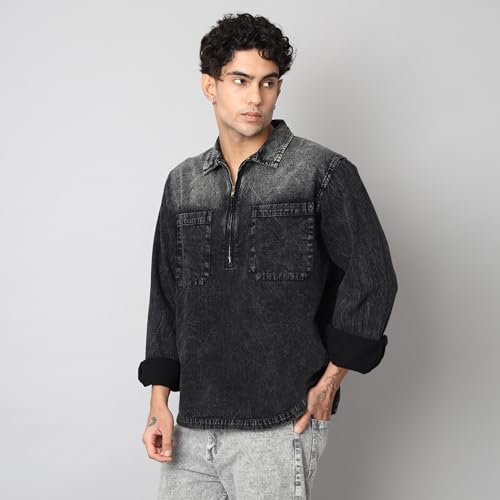 Image of Men's Denim Casual T Shirt | Oversized Fit | Spread Collar & Full Sleeve