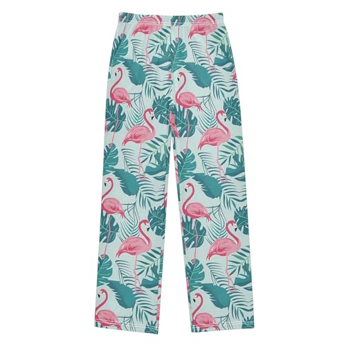 Tropical Leaf Pink Flamingo Pajama Pants Lounge Sleep Pants Elastic Waist Long Pajama Bottoms with Pockets for 6-14 Years