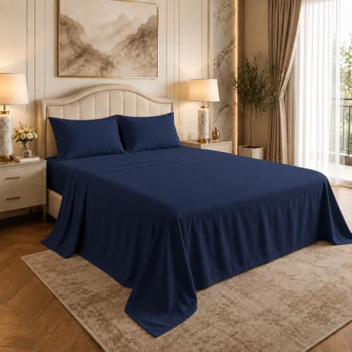 Image of LINENWALAS 100% Cotton Bedsheet with Pillow Cover for Double Size Bed, Natural Soft 400tc Long Staple Imported Egyptian Cotton Premium Oeko-Tex Certified Bed Sheet (90 inch x 100 inch, Navy Blue)