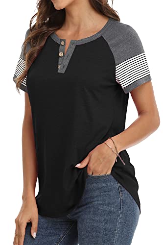 Renaka Women Short Sleeve Tops Crew Neck Striped Color Block Spring Shirts (Black L) #TOP2