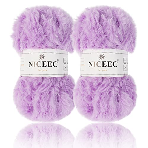 Image of NICEEC 2 Skeins Faux Fur Yarn Super Soft, Chunky & Fluffy, Eyelash Yarn for Crochet & Knitting (Total Length 70yds,3.53oz) - Light Purple