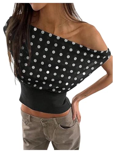 Milumia Women's Polka Dots Off Shoulder Crop Tank Tops Y2K Cap Sleeve Ruched Going Out T-Shirts