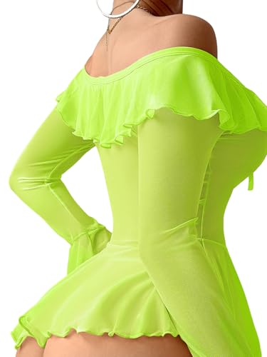 Image of Foxiny Sheer Ruffle Long Sleeve Babydoll Lingerie Dress | Off-shoulder neckline, flared cuffs and a flounce hem add movement; thong and thigh-high stockings complete the 3-piece set