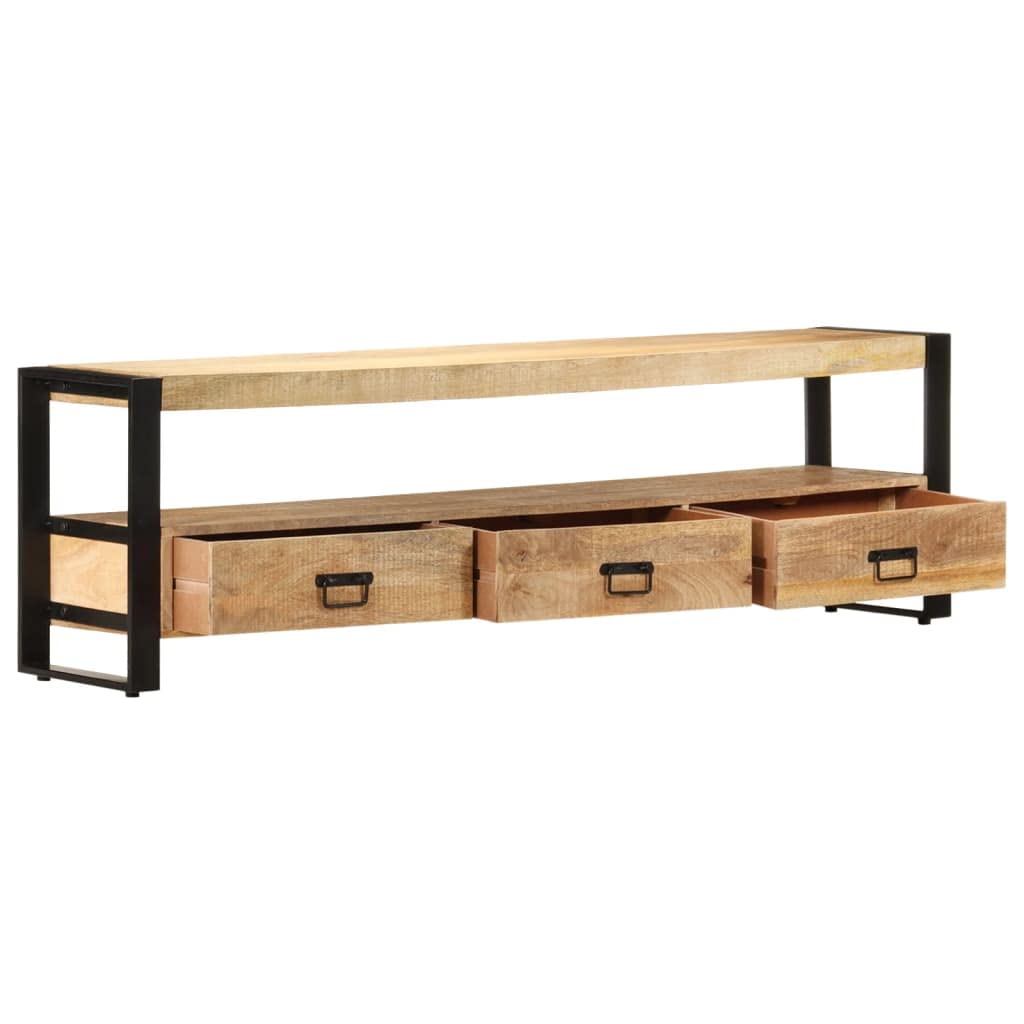 Meuble TV 150 cm Bois de Manguier Massif Rustique, Buffet Salon avec 3 Tiroirs, Armoire Média Moderne pour Téléviseur, Console Salle de Séjour Durable et Élégante