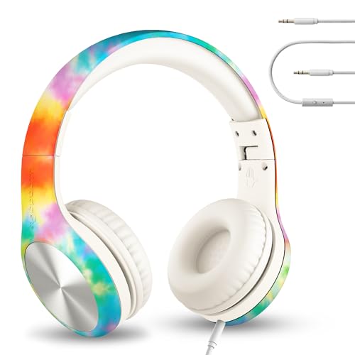 LilGadgets Connect+ Pro Wired Kids Headphones for School with Mic, Volume Limit & Noise Reduction Over-Ear Headset with Cord, SharePort Technology & SoftTouch Padding, Tie Dye Rainbow
