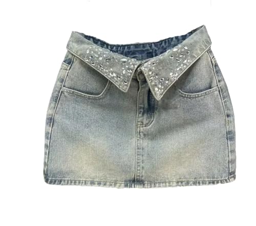 Women's Rhinestones Short Jean Skirt Summer Diamond High Waist Denim A-Line Skirts