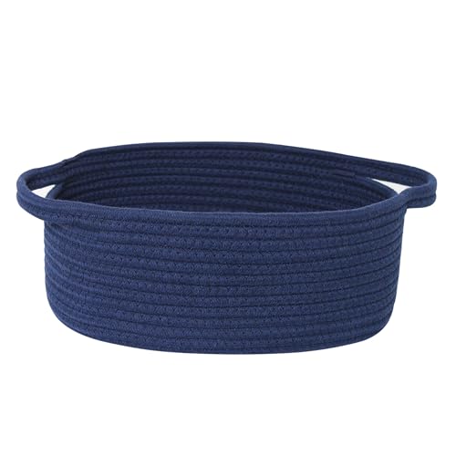 WILLITAT Small Blue Woven Basket, 13"x 9"x 5" Gift Basket Empty, Cotton Rope Kids Dog Cat Toy Bin Box, Cute Baby Nursery Easter Organizer, Decorative Wicker Storage with Handle, Navy Blue Room Decor