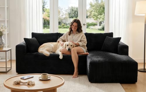 Image of 92.5 inch Modular Sectional Sofa, L-Shaped Cloud Couch with Deep Seats & Chaise, Convertible 4-in-1 Corduroy Boneless Couches for Living Room, Bedroom, No Need Assembly - Black(Right Facing Chaise)