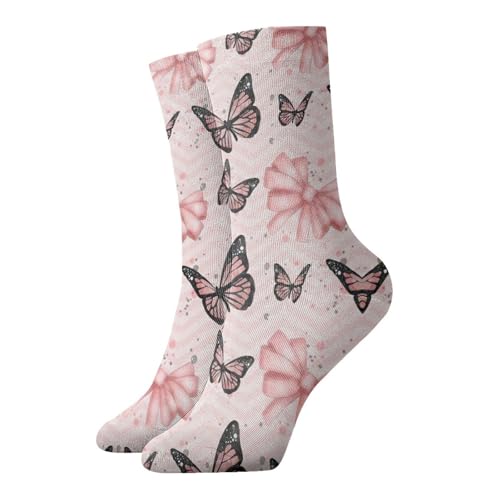 Zcmkjlg Calcetines gruesos y acogedores de mariposa, color rosa, calcetines casuales con estampado completo para hombres y mujeres, uso diario en casa