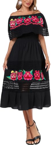 Image of YZXDORWJ Women Embroidered Mexican Peasant Casual Sexy Lace Off-Shoulder Long Dress